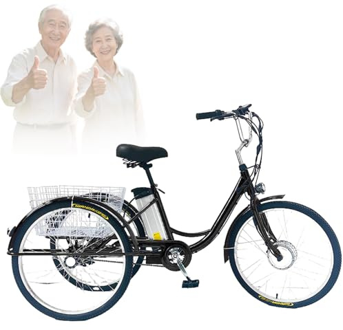 EaThsalL 24 Pollici Triciclo Elettrico A 3 Ruote a Tre Ruote Bicicletta Elettrica da Carico per Adulti capacità di Carico 150 kg Altezza Regolabile con Carrello della Spesa Black