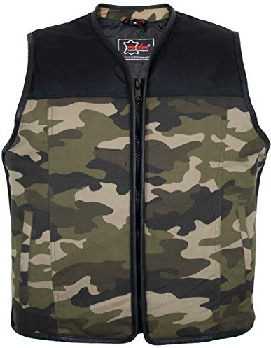 MDM Gilet Biker Camouflage TAN – Idéal pour Patches, Bordure en Cuir, Fermeture Zip, Ajustable, Poches Intérieures avec Fermeture (FR/ES, Alpha/lettres, L, Taille normale, Taille normale, Camo TAN)