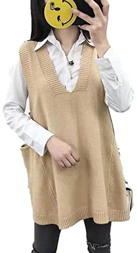TBSCWYF Femmes Pulls Gilets Tricoté sans Manches À Col en V, Ribbed Pull-Over Tops Hauts Oversize Pull Chaud Classique Débardeurs Chandail Automne Hiver Bureau