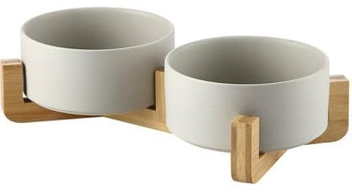 MERSJO Keramik Doppelschale Holz, Fressnapf Hund und Katze, Bowl Schüssel mit 2 Keramiknäpfen auf Stabilem Naturholzsockel, ABS und PP Material für Langlebigkeit, 400ml Kapazität pro Napf, Grau
