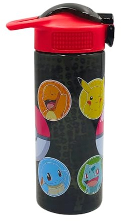 HOX Collection Pokémon 600ML Flip Up Straw Drinks Bottle Reusable BPA-free Plastic Water Bottle with Carry Loop Removable straw & spills Proof Pokémon licensed Merchandise, Black