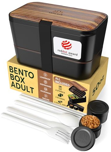 Umami Bento Lunch Box, Couverts & 2 Pots à Sauce Inclus, Boîte Bento, Lunchbox Micro-Ondable, Boîte à Lunch Adulte Encastrable, Boîte Repas 4 Compartiments, Bento Box, Boîte Repas