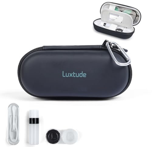 Luxtude Contact & Case 2-in-1 Cute Lens and Eyewear Storage, Built-in Mirror & Tweezers, Double Layer Hard Case for Well Protection, Black