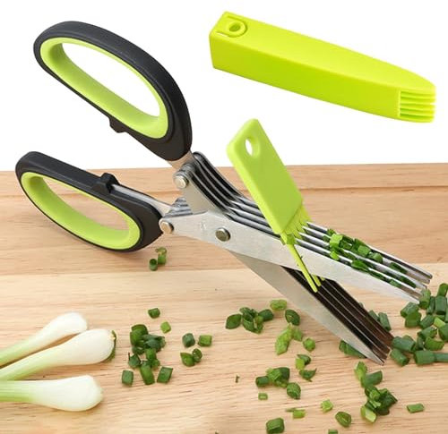 Tijeras multicapa de acero inoxidable | Tijeras de cocina de acero inoxidable de 5 capas, tijeras para cortar hierbas con cubierta de seguridad, tijeras para cortar carne, cortador de carne vegetal
