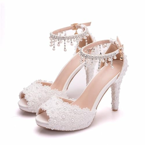 ABJGHYUT Sandali con Tacco da Donna da 4''Pollici, Scarpe da Sposa in Pizzo Bianco, Scarpe da Sposa con Plateau e Punta Aperta, Scarpe da Sposa con décolleté,Bianca,38