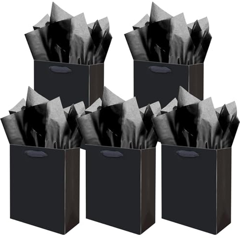 Gcardist Schwarze Geschenk Taschen mit Tissue Papier für Hochzeit, Geburtstag, Party Supplies-20x11x24cm Mittlere Größe Karton Geschenk Taschen (8x4.3x10Inch,5pcs +Tissue Papier)