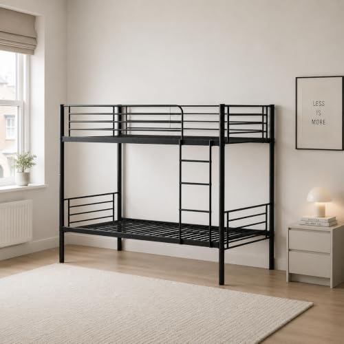 Reinforced Beds, 3FT BIRCHAM BUNK BED, Metal Bunk, Suitable for Adult Use, Exclusive Product, Reinforced Tubular Support Base, Reversible Ladder (Grey)