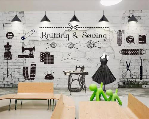 XLMING Máquina De Coser Vintage White Brick Wall Clothing 3D Papel Pintado Oficina Comedor Sofá Dormitorio Sala de Estar TV Fondo de Pantalla-150cm×105cm
