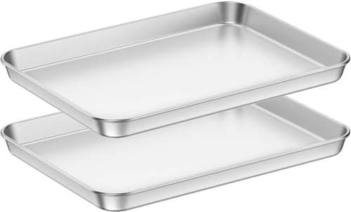 Set di 2 teglie da forno rettangolari in acciaio inox, facili da pulire e lavabili in lavastoviglie, perfette per torte, lasagne, biscotti, pizza, pane (23,5 x 17,5 x 2,5 cm)