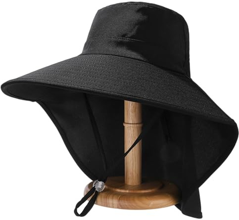 Huakunda - Chapeau de soleil pour femme - Safari avec large bord - Protection du cou - Pliable - Idéal pour la pêche, le jardin, la randonnée, les voyages, Noir , taille unique