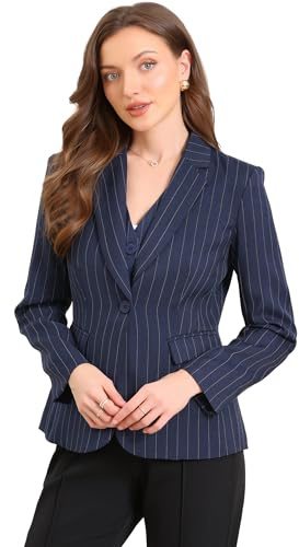 Allegra K Blazer a Righe da Donna, con Revers Un Bottone, Maniche Lunghe, Giacca da Lavoro e Ufficio Blu Scuro M