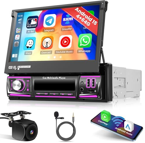 Roinvou 4+64G Android15 Bilradio 1 Din med trådlös Carplay, 7-tums pekskärm Bluetooth Radio Manuell infällbar med Android Auto Mirror Link FM WIFI GPS EQ USB/TF/AUX SWC Backkamera