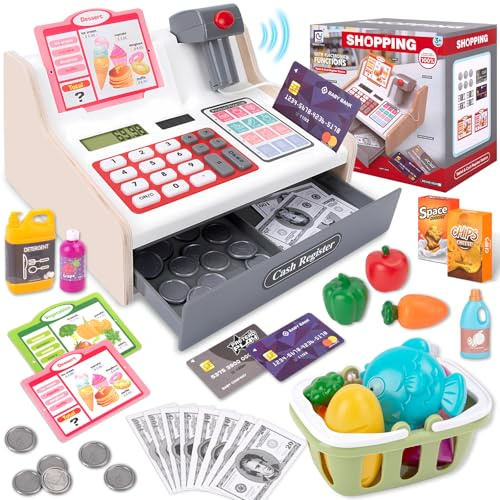 JONRRYIN Caisse Enregistreuse en Bois pour Enfants, 40 Accessoires Caisse Enregistreuse Jouet avec Vraie Calculatrice, Scanner Son & LumièRe, Jeu de Rôle Marchande de 3 Ans (Blanc)