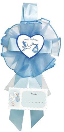Horme Fiocco Nascita Bimbo Azzurro “Sono Arrivato” in Tulle di Alta qualità, Personalizzabile con Nome – Coccarda Nascita Neonato per Decorazione Porta o Cameretta 40×18 cm