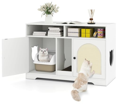 GOPLUS Meuble Litiere Chat, 108 x 50,5 x 73,5 CM, Maison de Toilette Chat d'Intérieur, Cache Litiere avec 2 Portes et Griffoirs en Sisal et Planche à Gratter, 2 Entrées, 2 Compartiments Ouverts