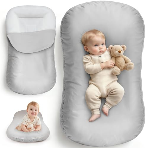 Newborn Lounger & Baby Nest – Essential Baby Registry Gift – XL Portable Infant Floor Cushion for Tummy Time Support – Machine Washable Cotton Cover (CPC Certified)
