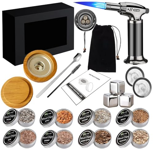 Flygragon Kit Affumicatore per Cocktail Whisky - Set con 8 Aromi di Legno e Pietre Refrigeranti - Accessori Bar per Bourbon, Regalo Uomo Padre e Fidanzato