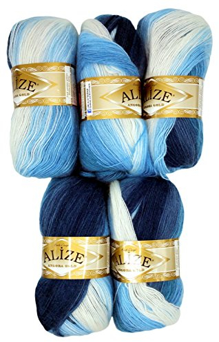 Alize 5 x 100 g Strickwolle Mehrfarbig mit Farbverlauf, 500 Gramm Strickgarn mit 20% Wolle-Anteil (blau weiß 1899)