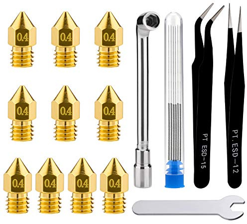 LUTER Kit De Nettoyage De Buse d'Imprimante 3d, 10pcs 0.4mm Buses d'Imprimante 3d Buses d'Extrudeuse Pour Mk8 + 5pcs Aiguilles De Nettoyage De Buse En Acier Inoxydable + Brucelles 2pcs + Clés 2pcs