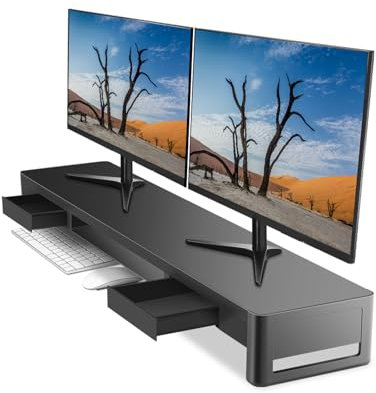 meatanty Monitorständer Monitorerhöhung [Schublade] [Bildschirmerhöhung 2 Monitore] [Metall] Ergonomischer Bildschirm Ständer Schreibtisch Erhöhung Zubehör Tischaufsatz Laptop Computer 36kg (Schwarz)