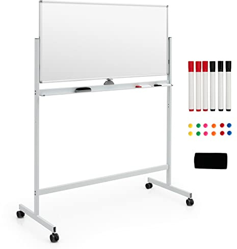GOPLUS Dubbelsidig magnetisk whiteboard på hjul, stor höjdjusterbar magnettavla i staffli, magnetisk vit väggtavla för kontor, klassrum, hem, 120 cm x 60 cm (vit)