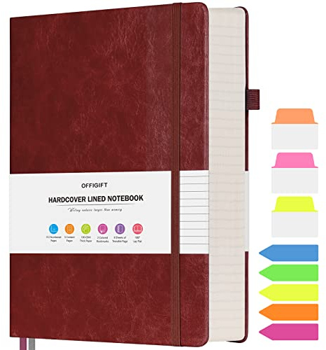 OFFIGIFT Grand carnet ligné, format A5, ligné, 314 pages numérotées avec autocollants, papier épais 100 g/m², couverture rigide, journal en cuir vegan pour femme, homme, école, bureau