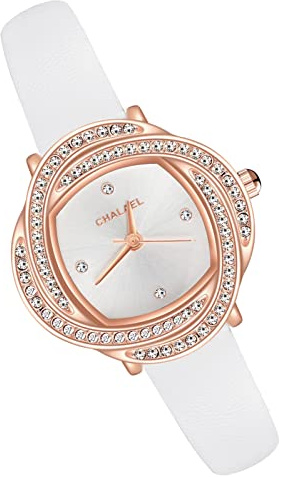 MicLee Montres Bracelet Femme Montres Quartz à Cadran Rond Minimaliste Montre Elegante avec Strass Etincelants pour Dame Fille Cadran Or Rose en Forme de Fleurs Bracelet Blanc en Cuir
