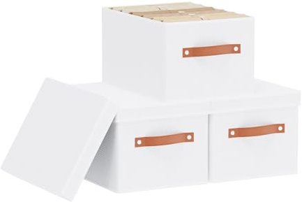 YheenLf 3 Pezzi Scatola con Coperchio, Contenitori per Armadio Salvaspazio, Scatole per Vestiti con Maniglia, per Camera da Letto Soggiorno, Bianco, 32×23×18cm