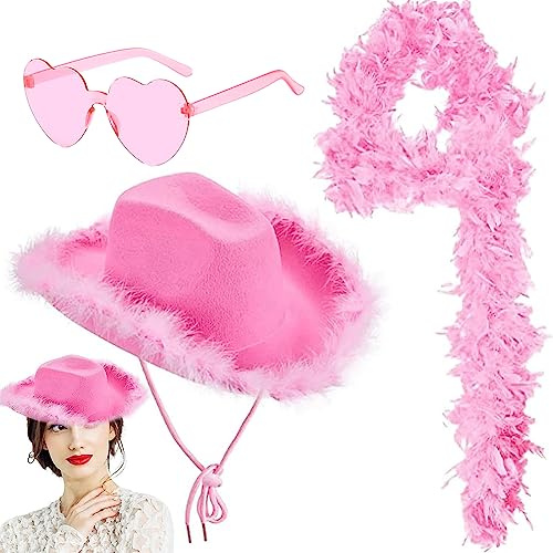 Boa de Plumas de Pavo, Bufandas de Suaves Mujer Sombrero de Vaquero Rosa Bufandas Decorativas para Baile, Boda, Fiesta, Cosplay, Halloween, con Gafas de Sol en Forma de Corazón (200CM)