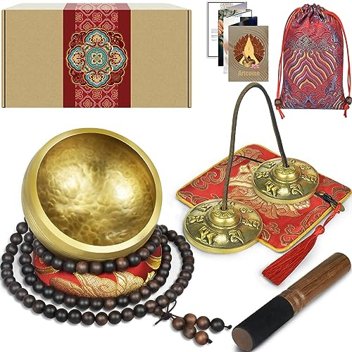 Artcome Juego de 7 piezas de meditación tibetana – Cuenco tibetano y campanas Tingsha hechas a mano en Nepal para yoga, tranquilidad, relajación y curación de chakras