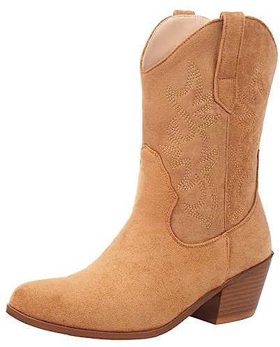 rismart Women Western Cowboy Boots Mid Calf Embroidered Cowgirl Shoes Tan,6.5