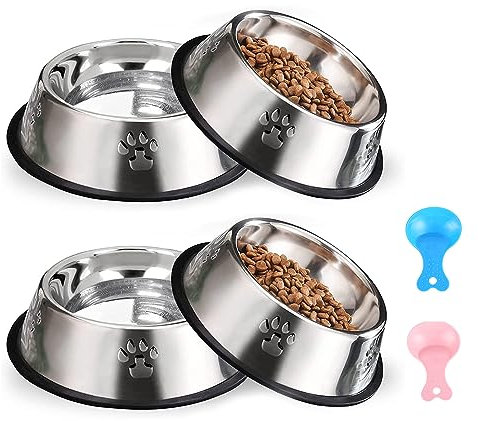 Katzennäpfe Katzenschüssel Set, 4 Stück rutschfeste Katzennapf aus Edelstahl, Fressnapf Katze Wasserschale, rutschfeste Wasser Fütterung Schüssel für Katze Kleine Hunde Tiere Mehrweg