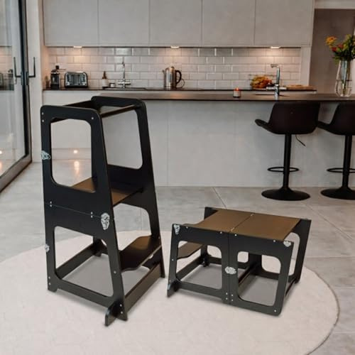 The Learning Tower Company Convertible Learning Tower, 2-in-1 Kids Kitchen Stool & Table/Chair, 1-6 Years Wooden Standing Tower with Safety Feet, Montessori Kitchen Step Stool, (Black)