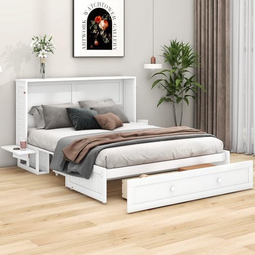 WIZBED Schrankbett Bed mit Schubladen, Mobiles Holzbett mit kleinem Regal, Verwandelbare Plattformbetten, Bettschrank, Funktionsbett, Weiß, 140 x 200
