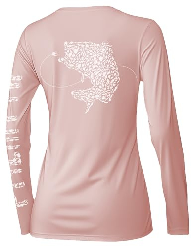 Palmyth Womens UPF 50+ Fishing Shirts Sun Protection Long Sleeve T-Shirt (Pink/Largemouth Bass, L)