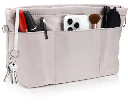 BINYI Taschenorganizer Shopper Innentasche für Handtasche Organizer aus Nylon Taschen Innen Wasserdicht mit Schlüsselbund und Reißverschluss Tasche Damen für Longchamp Tote Bag Handbag Purse (Grau)