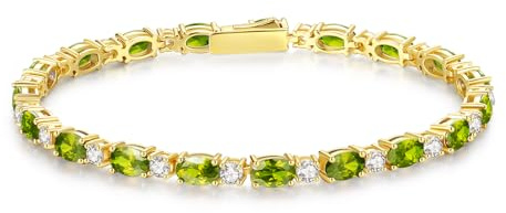 FANCIME tennisarmband kvinnor 14K förgylld ädelsten tennis armband 925 sterlingsilver födelsesten gåva smycken för kvinnor flickor, längd 19 cm, 18 centimeters, Sterlingsilver, Peridot