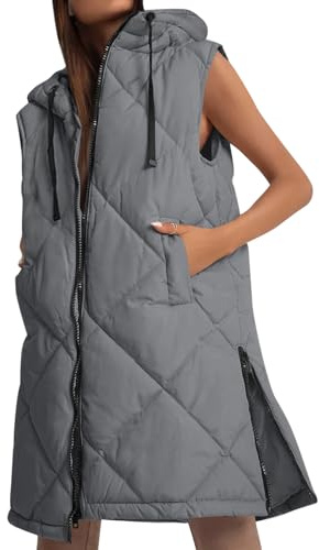 Imily Bela Chaleco Acolchado para Mujer con Capucha, Ligero, Sin Mangas, Chaqueta de Entretiempo, Informal, Largo, Gris1., M