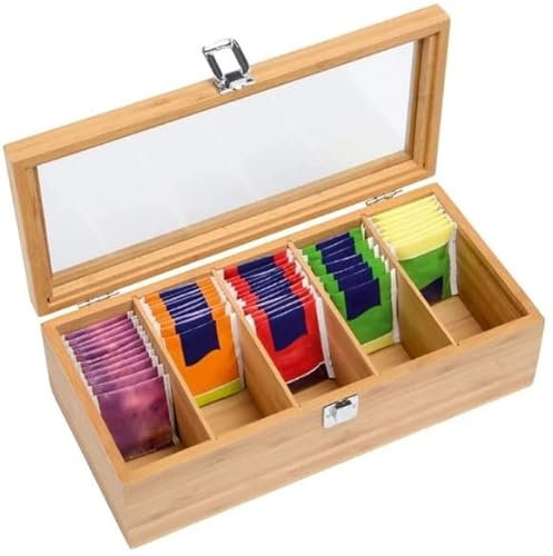 mumisuto Scatola da tè, Scatola Porta tè E Tisane 5 Scomparti 30 X 10 X 9 cm in Legno, Organizer per Bustine di tè con Coperchio in Vetro Acrilico, Porta Tisane Bustine per Bustine, Spezie, Zucchero