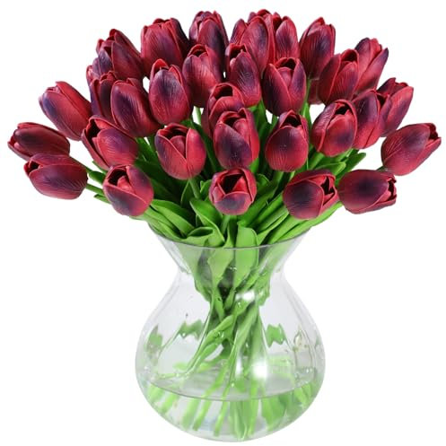JUSTOYOU Lot de 40 tulipes artificielles en latex au toucher réaliste, bouquets de mariage pour décoration de mariage, maison, jardin (rouge, bordeaux)