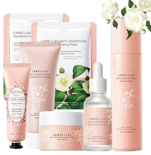 Skincare Set für Teenager-Mädchen und Frauen, Gesichtspflege Set, Kamelie Hautpflege Set für Gesicht Reinigung & Intensive Pflege, Skin Care - Cleanser Toner Serum Creme Gesichtsmaske Handcreme