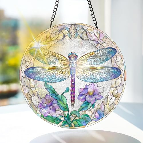 Bimkole TrollsländaFönsterhänge I Målat Glas Med Solfångare -Blommor Hängande Fönsterdekoration - för Trädgård, Fönster och Dörr, Jul, Handgjord Suncatcher Dekor 20x20 cm