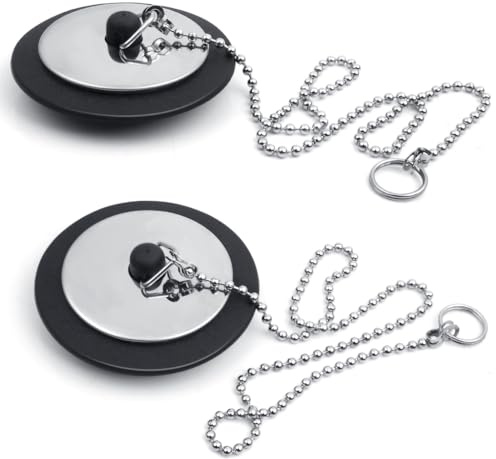 XYGK Universal Bath Plug, 2 Pcs Sink Plug Replacement with 40cm Stainless Steel Chain, Fits 42mm-45mm (1.65-1.77in) Drains, Black Rubber Sink Plug for Kitchen & Bathroom