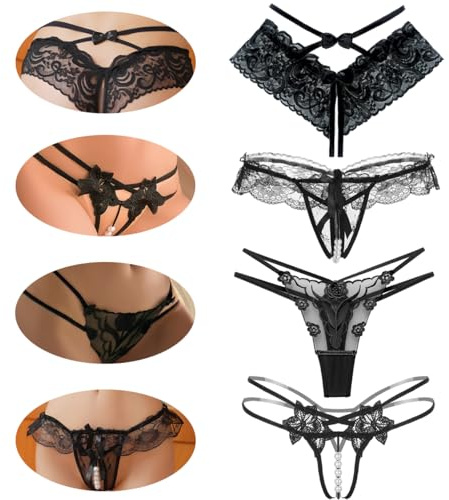 VicSec Confezione da 4 perizoma da donna, a vita bassa, in pizzo, biancheria intima sexy da donna, con perizoma aperto, erotico, perizoma, slip a V, biancheria intima sexy da donna, colore nero