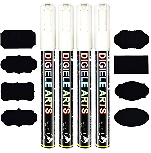DIGIELE Marqueur Craie, Feutre Craie Liquide Blanc 3mm, Pointe Réversible Ogive Fine ou Biseau, Effaçage avec Chiffon Humide ou Sec, Pack de 4 Feutres Craie Effacable Stylo avec 16 Etiquettes