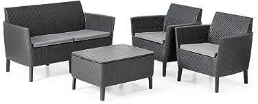 Keter Salemo Lounge Set, Set Mobili da Giardino in Rattan con Divano 2 Posti 2 Poltrone e Tavolino Porta Cuscini, Grafite
