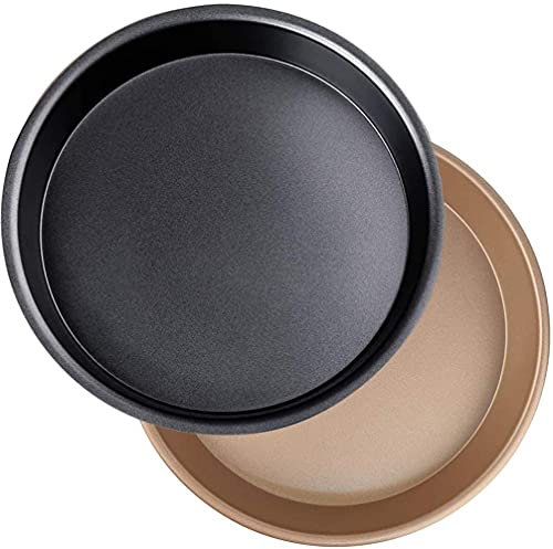 LATRAT Set di 2 teglie per pizza, rotonde, antiaderenti, per pizza, in acciaio al carbonio rivestito, 23 cm, colore nero, oro