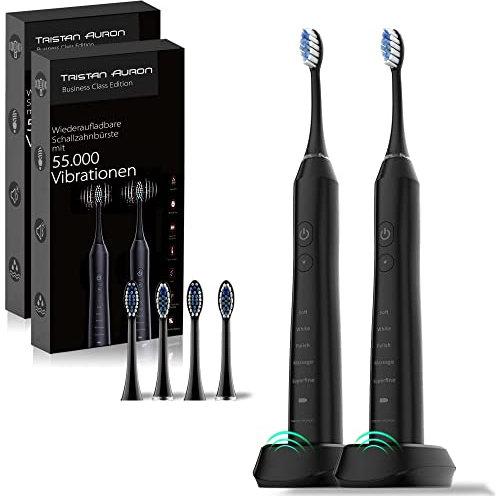 Tristan Auron Doppelpack Schallzahnbürste - 55000 Vibrationen - 60 Tage Akku, Elektrische Zahnbürste - 5 Putzmodi (Business Edition in Schwarz)