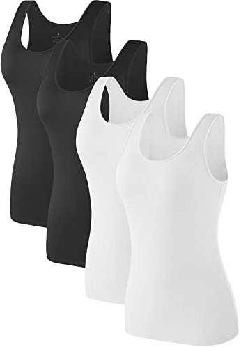 Air Curvey 4 Pack Tank Top for Women Basic Undershirt Tanks Sleeveless Casual Shirts Soft Seamless Layering Tops Black Black White White L
