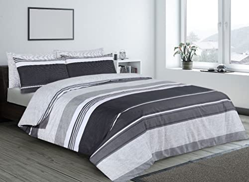 Charlotte Andersen King Size Charcoal Grey Stripe Duvet Cover, Reversible Easy Care Poly Cotton Bedding With Pillow Cases (GREY, King)